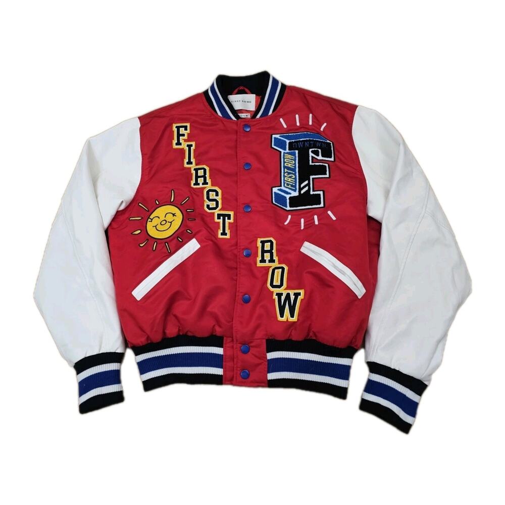 First Row Varsity Jacket Red - Cream Large Patchwork Embroidered Unisex Medium